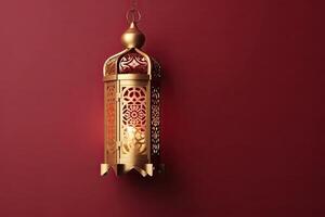 Islamic lantern stands with candle light and arabian ornament, ramadan kareem maroon background photo