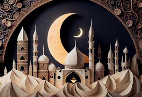 Paper quilling islamic mosque tower Ramadan kareem dark gold background photo