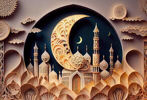 Paper quilling islamic mosque tower Ramadan kareem dark gold background photo