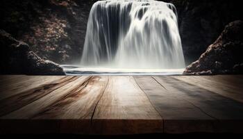 Empty wooden top table blurry waterfall background Made with photo