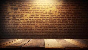 Empty wooden top table blurry brown brick background Made with photo