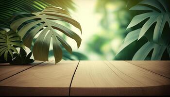 empty wooden table top with a blurry background with tropical plants background photo