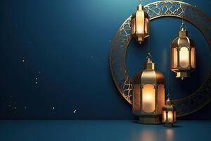 Islamic lantern golden and blue luxury ornament ramadan kareem celebration photo