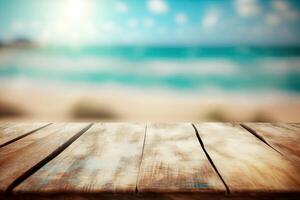 Empty wooden table top blurry beach view background made with photo