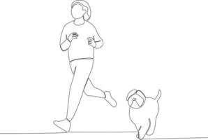 A happy woman running around her dog vector