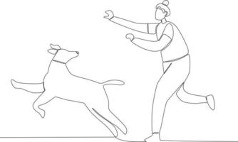 un mujer persiguiendo su corriendo perro vector