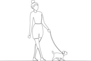 A woman holding her puppy by the collar vector