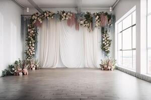 wedding backdrop aesthetic flower decoration indoor studio background AI Generated photo