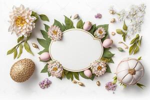 Blank white paper invitation message with flower frame top view Made with photo