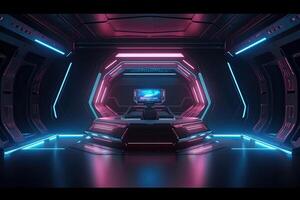 Futuristic corridor hallway tunnel with neon light. Hi-tech sci-fi passageway spaceship background photo