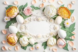 Blank white paper invitation message with flower frame top view Made with photo