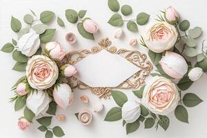 Blank white paper invitation message with flower frame top view Made with photo