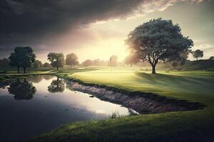 Morning Green golf field with pool with sunlight Made with photo