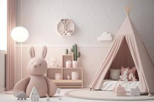 Pink scandinavian interior kids' bedroom with toys an dolls photo