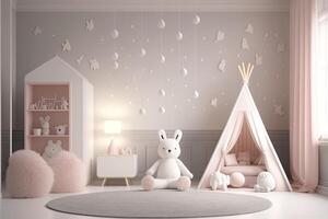 Pink scandinavian interior kids' bedroom with toys an dolls photo