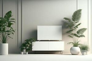 Modern living room with plants, counter and frame.white green pastel color background Made With photo