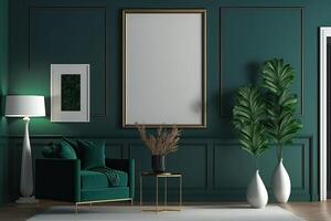 Modern living room with plants, counter and frame.white green pastel color background Made With photo