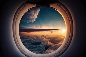 dentro avión ventana debajo amanecer nube hecho con generativo ai foto