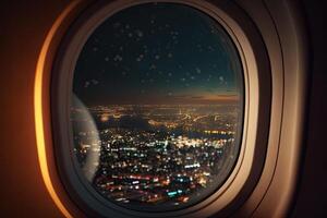 Inside plane window under city light Made with photo