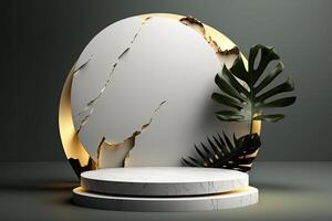 Round empty podium platform product display luxury white gray minimalist tropical plant Made with photo