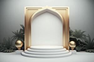 Round empty podium platform product display luxury gold white tropical minimalist Made with photo