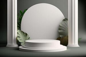 minimalist empty round wooden podium product showcase display with tropical plants photo