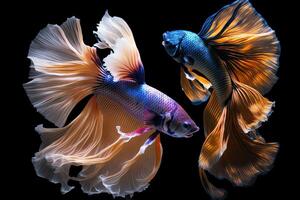 Beautiful colorful gold and orange of siamese betta fish in plain dark black background Made with photo