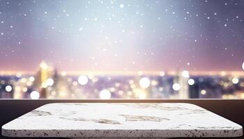 Empty marble table top blurry city light view background made with photo