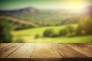 Empty wooden table top blurry green hills view background made with photo