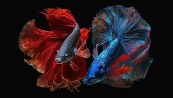 Beautiful colorful red and blue of siamese betta fish in plain dark black background Made with photo