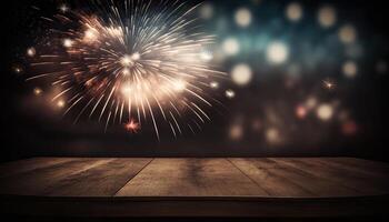 Empty wooden top table blurry fireworks background Made with photo