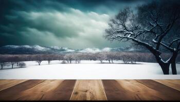 Empty wooden table top blurry snow mountain background made with photo