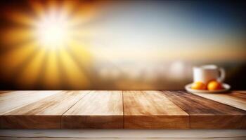 Empty wooden top table blurry sunny day background Made with photo