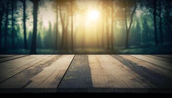 Empty wooden table product showcase blurry forest background Made with photo