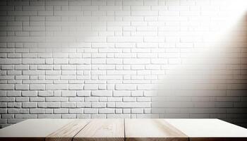 empty wooden table top with a blurry background with white bricks wall background photo