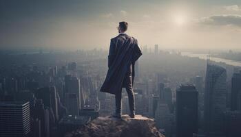 A business person standing top a skyscraper, looking out over the city with a superhero pose. photo