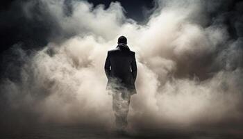 A business person emerging from a cloud of smoke, like a superhero making a entrance. photo