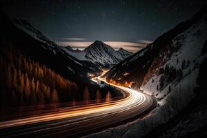 Traffic neon colorful light lamp long exposure mountain photography fast Made with photo