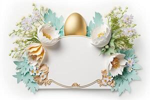 Blank white paper invitation message with flower frame top view Made with photo