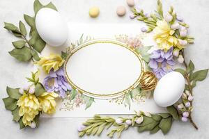 Blank white paper invitation message with flower frame top view Made with photo