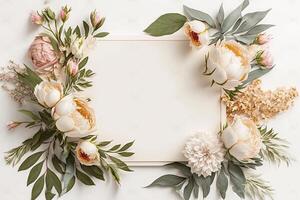 Blank white paper invitation message with flower frame top view Made with photo