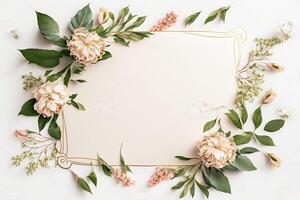 Blank white paper invitation message with flower frame top view Made with photo