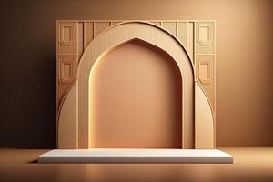 Wooden slamic ramadan podium platform for display product, presentation stage base photo