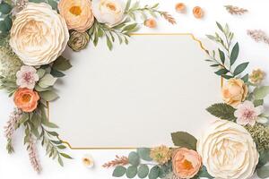 Blank white paper invitation message with flower frame top view Made with photo