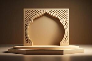 de madera slamico Ramadán podio plataforma para monitor producto, presentación etapa base ai generado foto