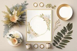 Blank white paper with plant wreath warm theme background mockup photo
