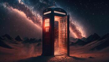 fantasía cabina telefónica retro en el Desierto con lechoso camino hecho con generativo ai foto