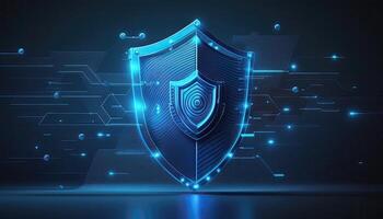 Cyber security digital data protection shield on blue background. Database security software development.Made with photo