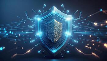 Cyber security digital data protection shield on blue background. Database security software development.Made with photo