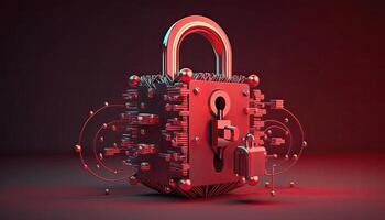 Cyber security digital data protection lock on red background. Database security software development.Made with photo